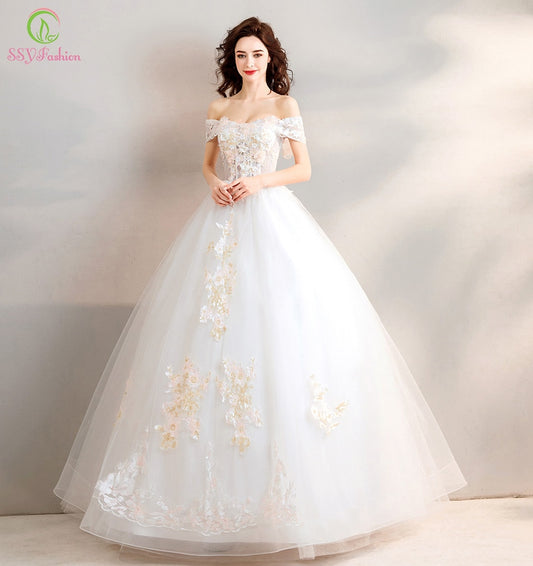 SSYFashion New Wedding Dress The Bride Married Sweetheart Lace Appliques Beading Floor-length Wedding Gown Vestido De Noiva