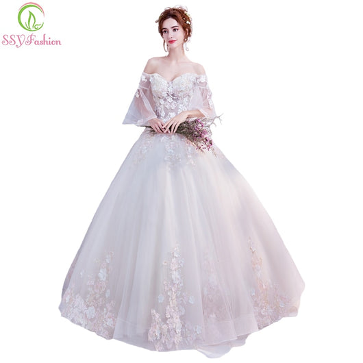 SSYFashion 2018 New Champagne Wedding Dress The Bride Married Romantic Sweetheart Lace Flower Puff Sleeves Long Wedding Gowns