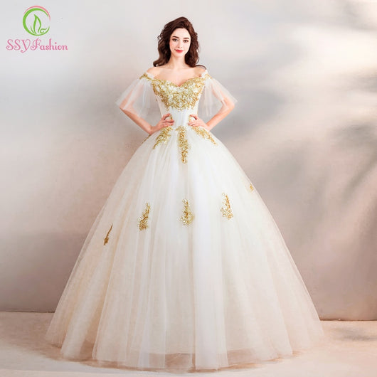 SSYFashion New Wedding Dress The Bride Married White with Gold Lace Appliques Floor-length Wedding Gown Vestido De Noiva
