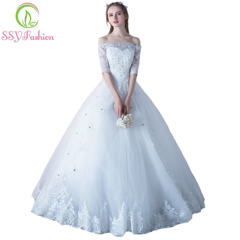 SSYFashion New Elegant Lace Wedding Dress The Bride Married Boat Neck Half-seelved Embroidery with Sequined Long Wedding Gown