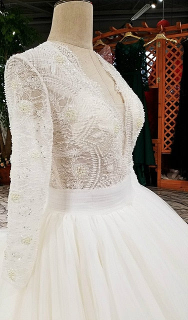 SSYFashion New High-end Wedding Dress The Bride Luxury Long Sleeved Deep V-neck Lace Beading Court Train Wedding Gown Custom