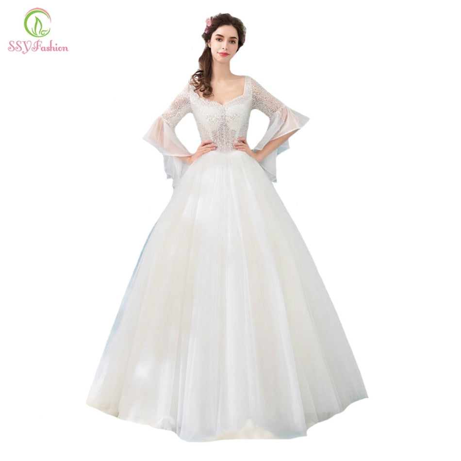 SSYFashion 2018 New Wedding Dress The Bride Luxury Crystal Beading V-neck Trumpet Sleeves Floor-length Elegant Wedding Gown