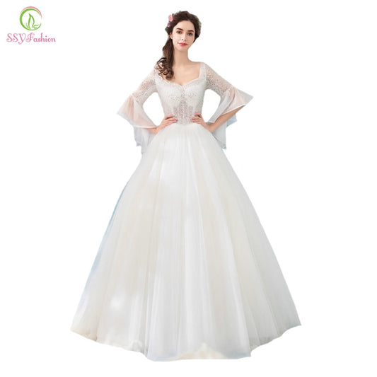 SSYFashion 2018 New Wedding Dress The Bride Luxury Crystal Beading V-neck Trumpet Sleeves Floor-length Elegant Wedding Gown