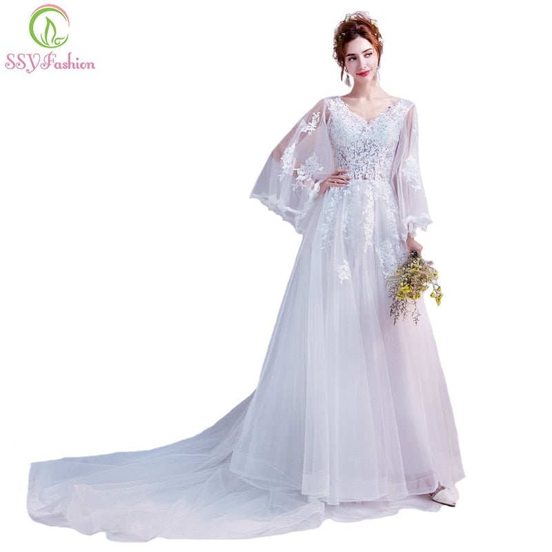 SSYFashion 2018 New Wedding Dress The Bride Sexy Transparent Long Butterfly Sleeved Lace Appliques Wedding Gown Vestido De Noiva