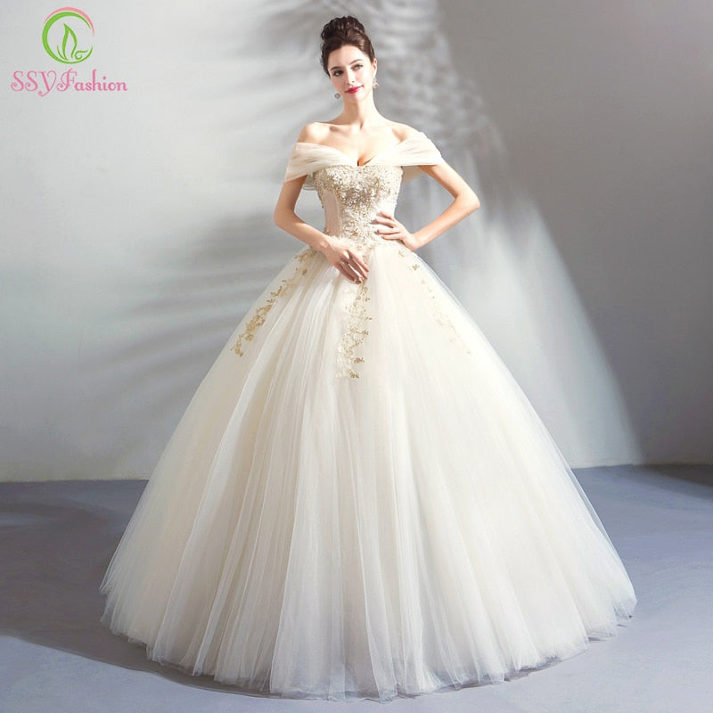 SSYFashion New Luxury Lace Wedding Dress The Bride Ivory Sweetheart Embroidery Beading A-line Wedding Gown Vestido De Noiva