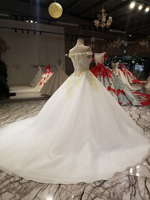 SSYFashion 2018 New High-end Wedding Dress The Bride Married Luxury Lace Appliques Beading Boat Neck Court Train Wedding Gown