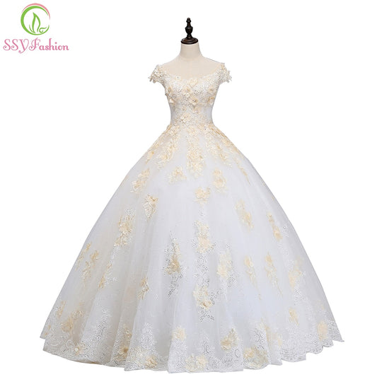 SSYFashion 2018 New Luxury Wedding Dress High-end The Bride Married A-line Floor-length Lace Appliques Beading Wedding Gown