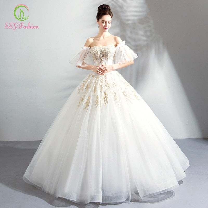 SSYFashion New Luxury Wedding Dress The Bride Married Sweetheart White A-line Floor-length Lace Appliques Beading Wedding Gown