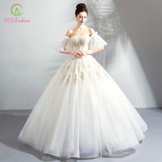 SSYFashion New Luxury Wedding Dress The Bride Married Sweetheart White A-line Floor-length Lace Appliques Beading Wedding Gown