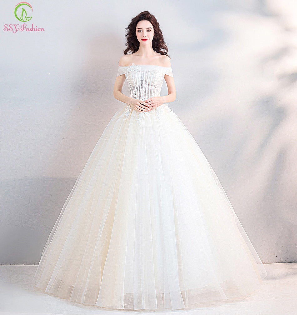 SSYFashion New Wedding Dress Banquet Elegant Boat Neck Floor-length Lace Appliques Beading Wedding Gow Vestido De Noiva