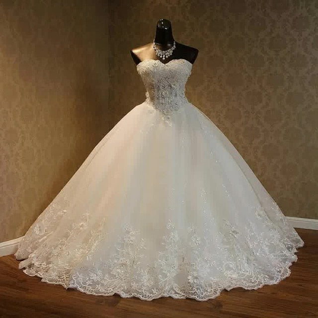 Vestido De Noiva  SSYFashion Bride Princess White Sexy Strapless Sleeveless Beautiful Lace Flower Long Wedding Dress Custom Size