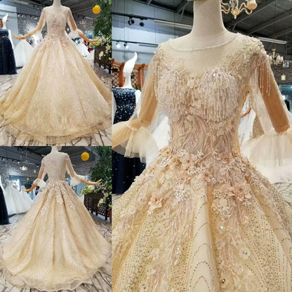 SSYFashion New  High-end Champange Wedding Dress Vintage Luxury Princess Lace Flower Beading Prom Party Gown Vestido De Noiva