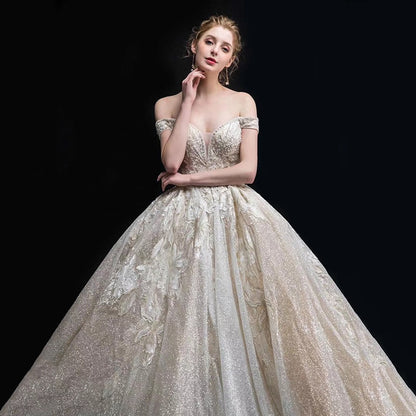 SSYFashion New Luxury Wedding Dress High-end Lace Appliques Sequins Beading Bride Court Train Wedding Gown Vestido De Noiva