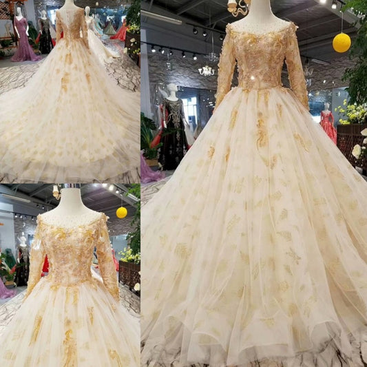 SSYFashion New Highe-end Wedding Dress Bride Luxury Champagne Long Sleeved Sweep Train Lace Flower Beading Wedding Prom Gown