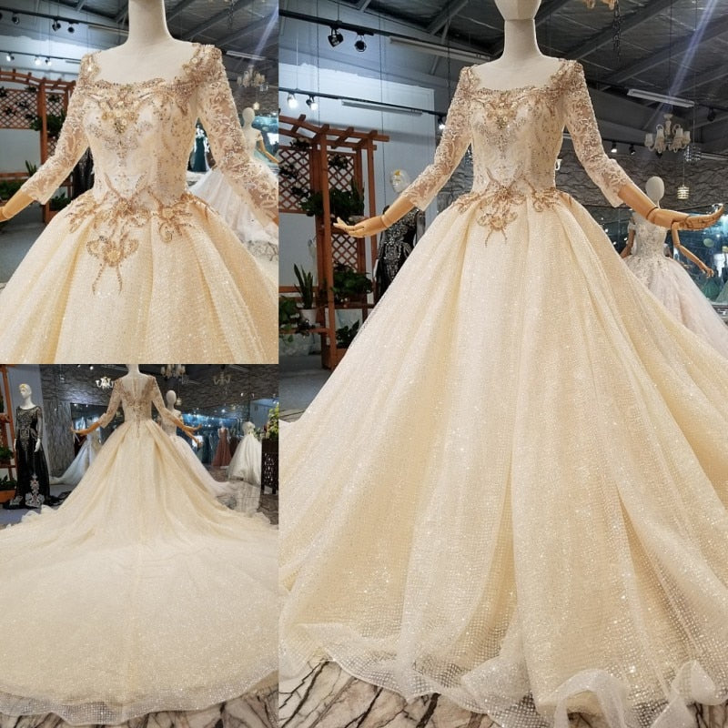 SSYFashion New Luxury Wedding Dress High-end Champagne Bride Long Sleeved Lace Appliques Beading Court Train Wedding Gown Custom