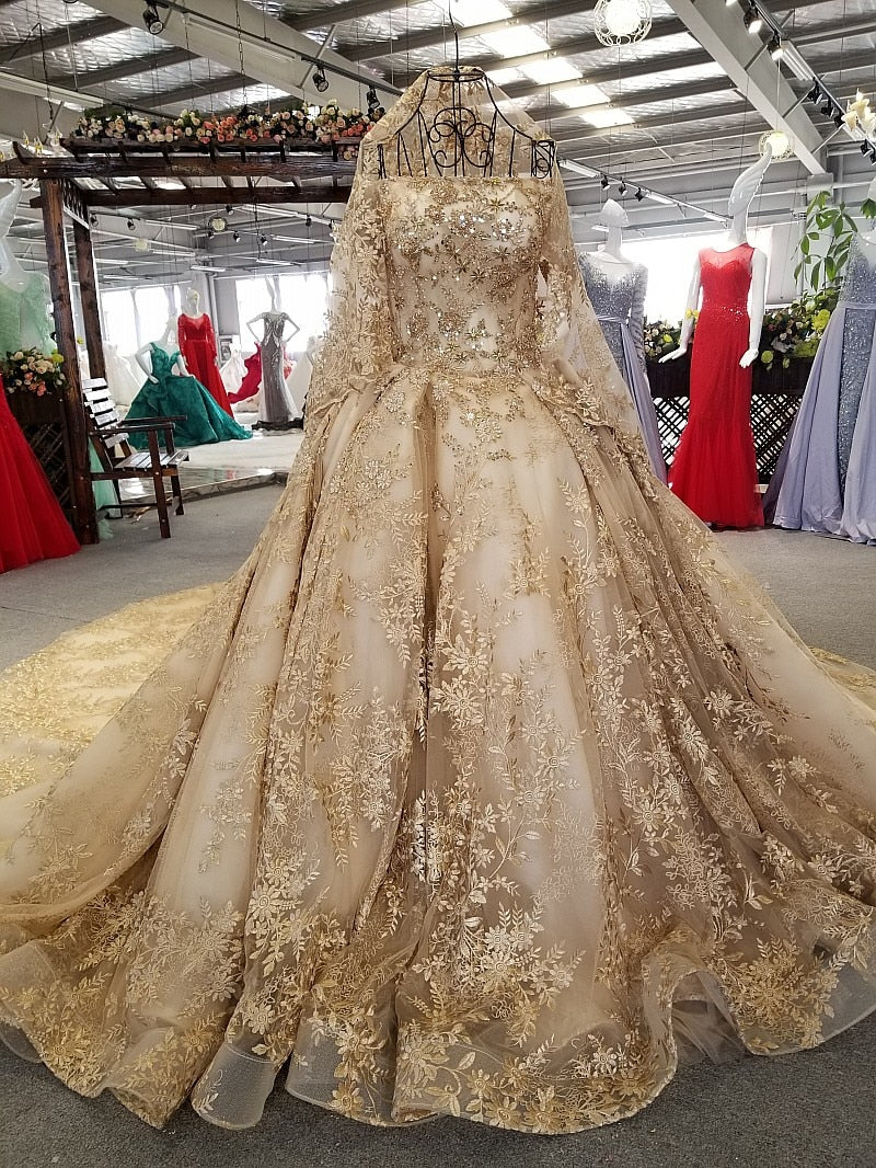 SSYFashion New High-end Gold Wedding Dress Luxury Dubai Vintage Lace Embroidery Beading Court Train Bride Wedding Gown Custom