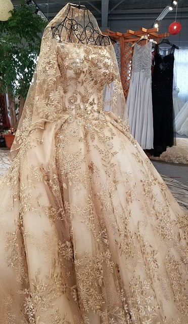 SSYFashion New High-end Gold Wedding Dress Luxury Dubai Vintage Lace Embroidery Beading Court Train Bride Wedding Gown Custom