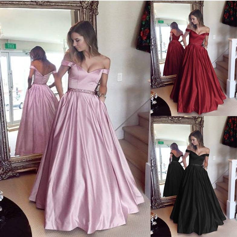 Women's Off Shoulder Wedding Evening Ball Gown Party Prom Bridesmaid Maxi Dress Bardot Cocktail Wedding Dress