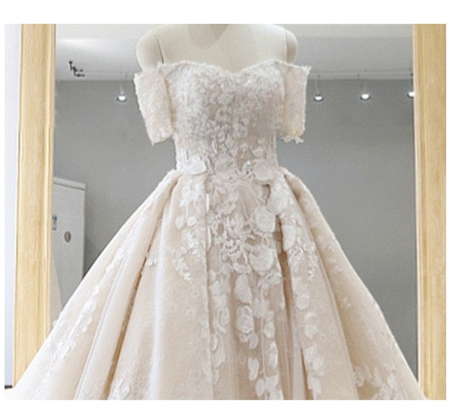 SSYFashion New Wedding Dress The Bride Married Luxury Light Champange Boat Neck Court Train Lace Appliques Beading Wedding Gown