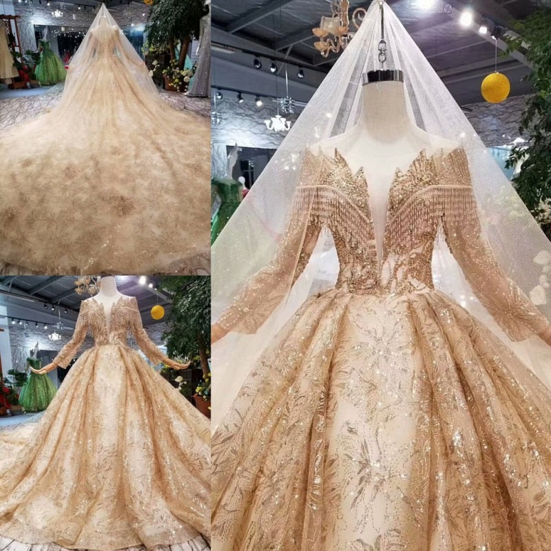 SSYFashion New Luxurious Gold Wedding Dress High-end Dubai Bridal Long Sleeved Lace Embroidery Sequins Shining Prom Party Gown