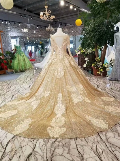 SSYFashion New Luxurious Gold Wedding Dress High-end Dubai Bridal Long Sleeved Lace Embroidery Sequins Shining Prom Party Gown