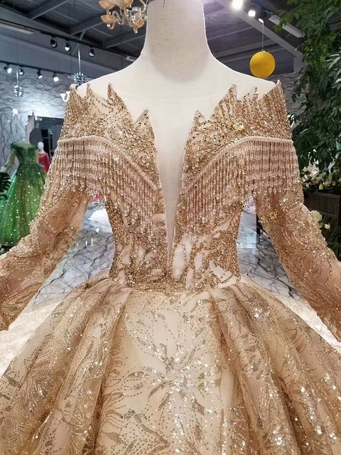 SSYFashion New Luxurious Gold Wedding Dress High-end Dubai Bridal Long Sleeved Lace Embroidery Sequins Shining Prom Party Gown