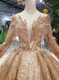 SSYFashion New Luxurious Gold Wedding Dress High-end Dubai Bridal Long Sleeved Lace Embroidery Sequins Shining Prom Party Gown