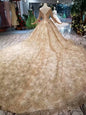 SSYFashion New Luxurious Gold Wedding Dress High-end Dubai Bridal Long Sleeved Lace Embroidery Sequins Shining Prom Party Gown