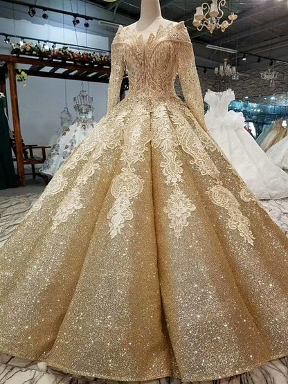 SSYFashion New Luxurious Gold Wedding Dress High-end Dubai Bridal Long Sleeved Lace Embroidery Sequins Shining Prom Party Gown