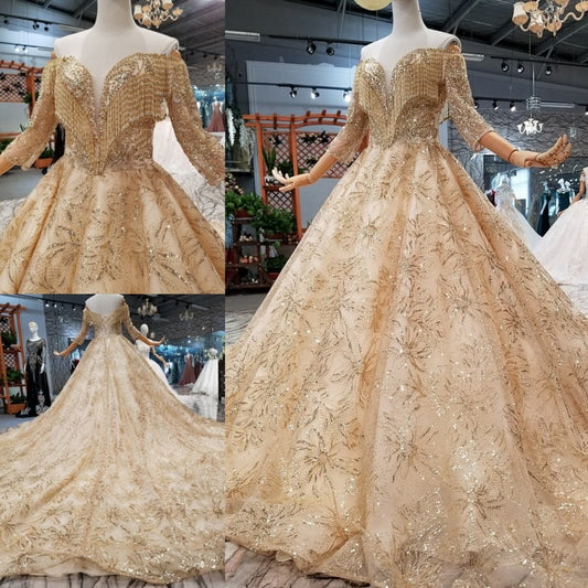 SSYFashion New Luxury Gold Wedding Dress Vintage High-end 3/4 Sleeved Lace Sequins Court Train Party Prom Gowns Vestido De Noiva