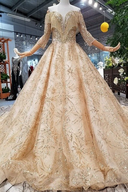 SSYFashion New Luxury Gold Wedding Dress Vintage High-end 3/4 Sleeved Lace Sequins Court Train Party Prom Gowns Vestido De Noiva