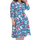 Quality 6XL Plus Size Spring Summer Dress Women A Line Slim Flower Print Dresses Elegant Party Work Office Dress Belt Blue Red