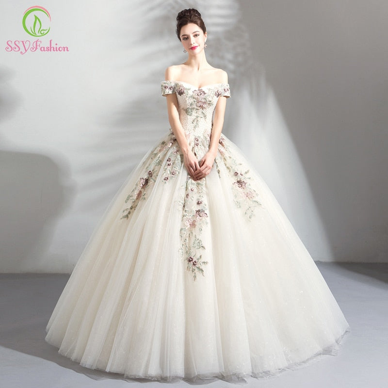 SSYFashion New Luxury Wedding Dress Colorful Lace Flower A-line Appliques Beading Floor-length Wedding Gown Vestido De Noiva