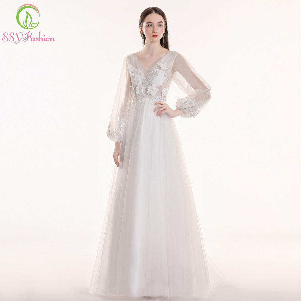 SSYFashion New White Long Sleeve Wedding Dress Bride Sexy V-neck Lace Appliques Sequins Sweep Train Wedding Gown Robe De Soiree