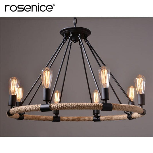 Village Retro 8-Light Pendant Lamp Metal Hemp Rope Pendant Lights for Cafe Restaurant Bar Bookstore Bar Tools