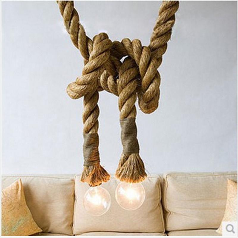 Vintage Rustic Hemp Rope Ceiling Chandelier Wiring E27 220V Industrial Pendant Lamp for Living Room Bar Coffee Restaurant Lights