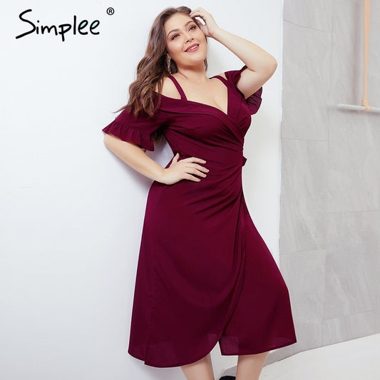 Simplee Sexy cold shoulder women plus size dress V neck short sleeve sashes summer dresses Vintage solid female party vestidos