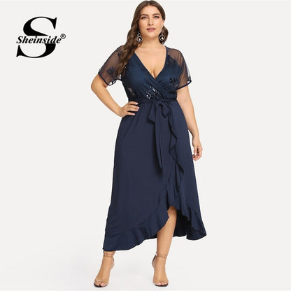 Sheinside Plus Size Sexy Deep V Neck Sequin Mesh Wrap Party Dress Women Summer A Line Dresses 2019 High Waist Ruffle Hem Dress