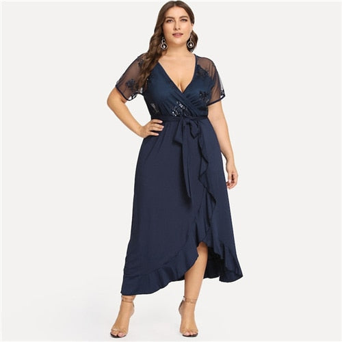 Sheinside Plus Size Sexy Deep V Neck Sequin Mesh Wrap Party Dress Women Summer A Line Dresses 2019 High Waist Ruffle Hem Dress