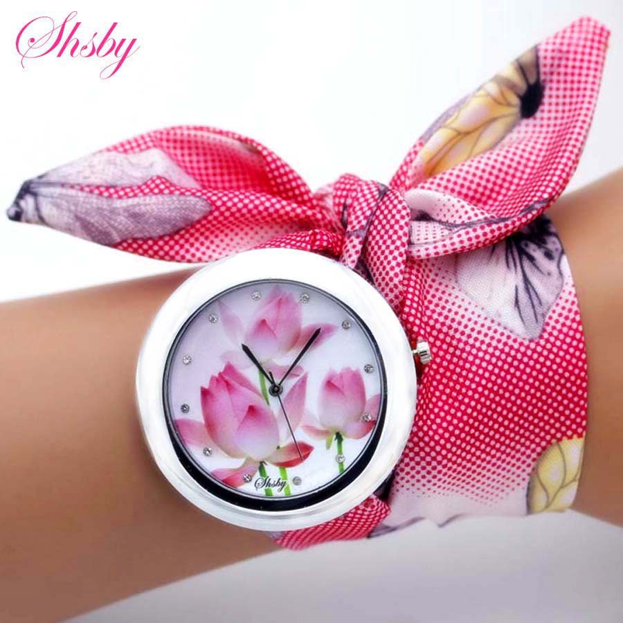 shsby new unique Ladies flower cloth wristwatch fashion women dress watch high quality fabric watch sweet girls Bracelet watch