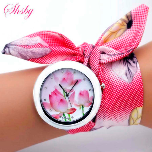 shsby new unique Ladies flower cloth wristwatch fashion women dress watch high quality fabric watch sweet girls Bracelet watch