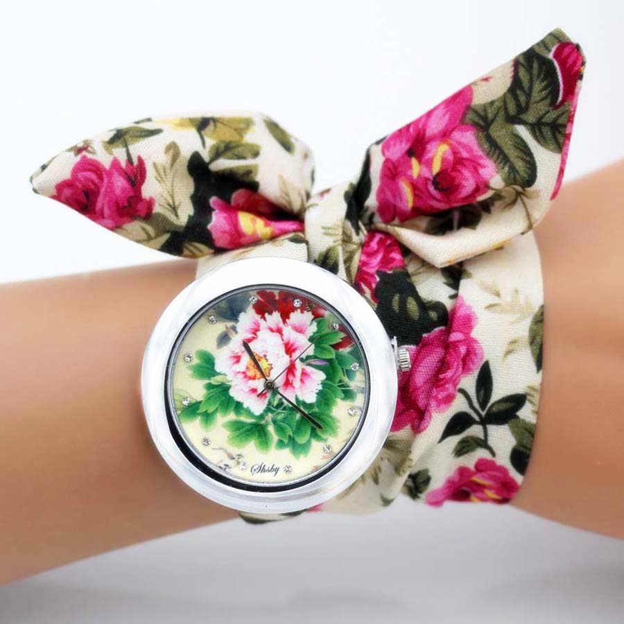 shsby new unique Ladies flower cloth wristwatch fashion women dress watch high quality fabric watch sweet girls Bracelet watch