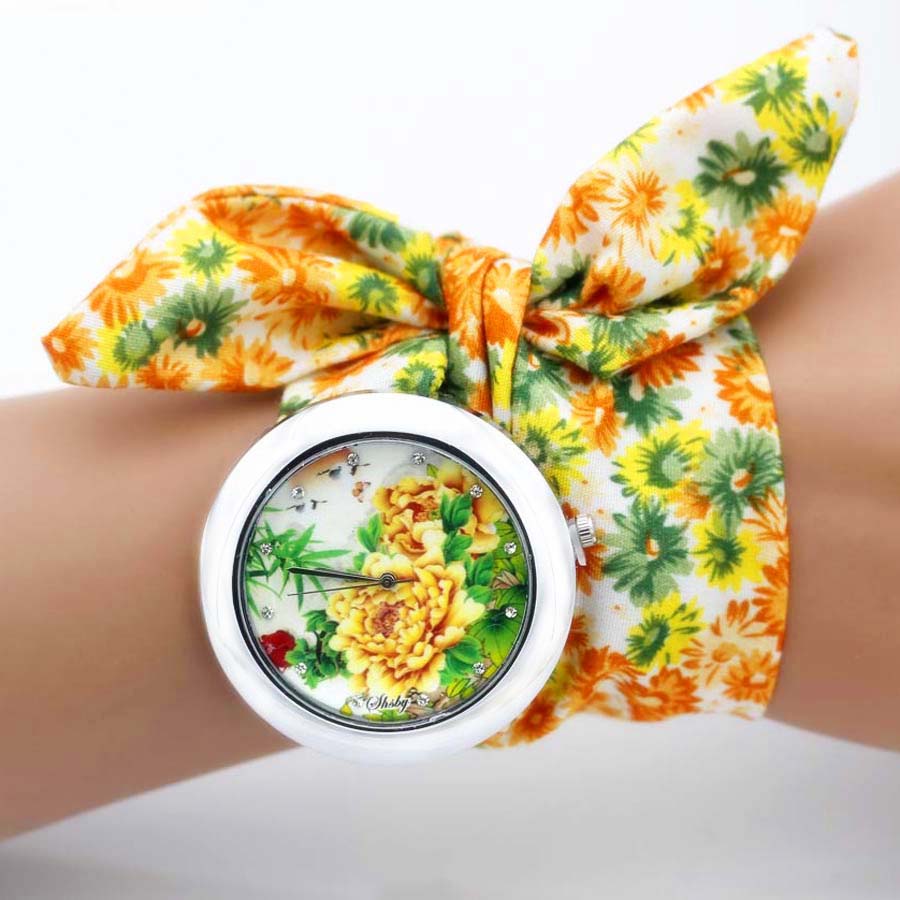 shsby new unique Ladies flower cloth wristwatch fashion women dress watch high quality fabric watch sweet girls Bracelet watch