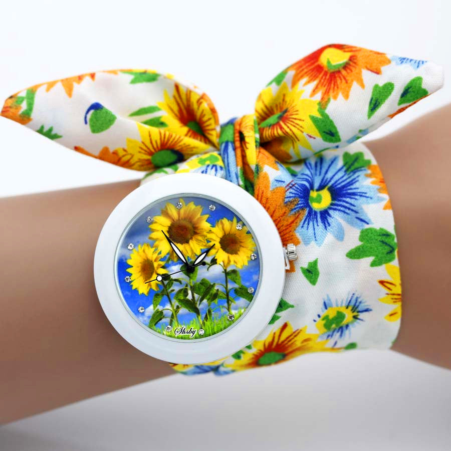 shsby new unique Ladies flower cloth wristwatch fashion women dress watch high quality fabric watch sweet girls Bracelet watch