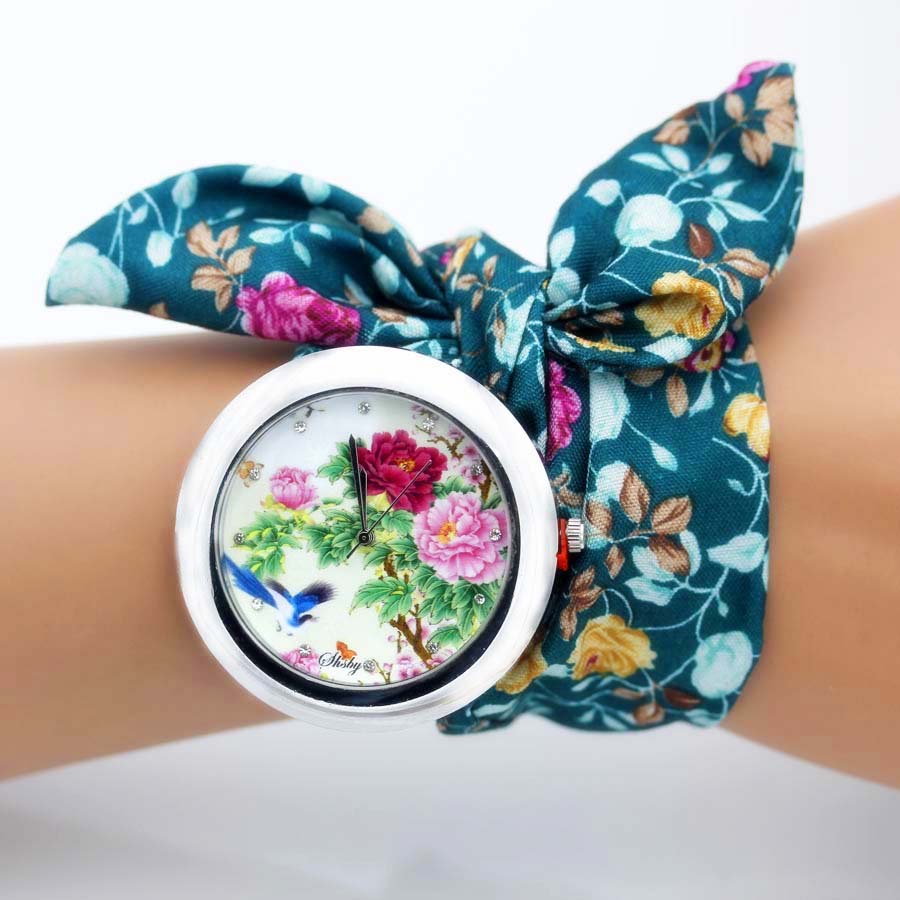 shsby new unique Ladies flower cloth wristwatch fashion women dress watch high quality fabric watch sweet girls Bracelet watch