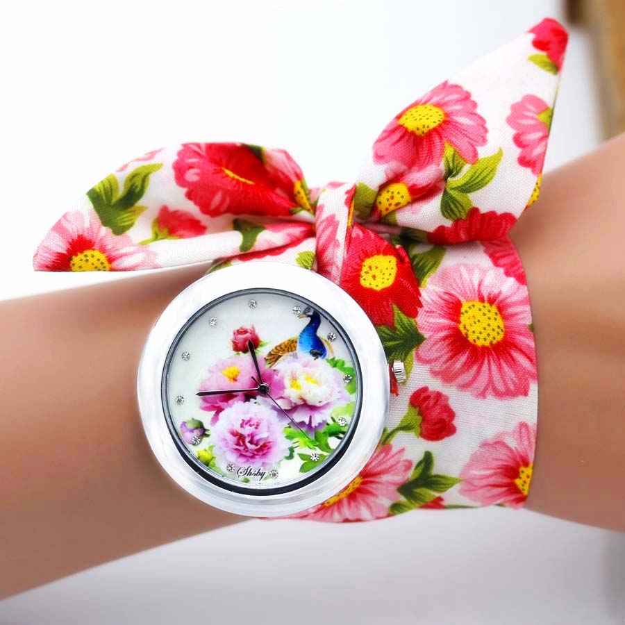 shsby new unique Ladies flower cloth wristwatch fashion women dress watch high quality fabric watch sweet girls Bracelet watch