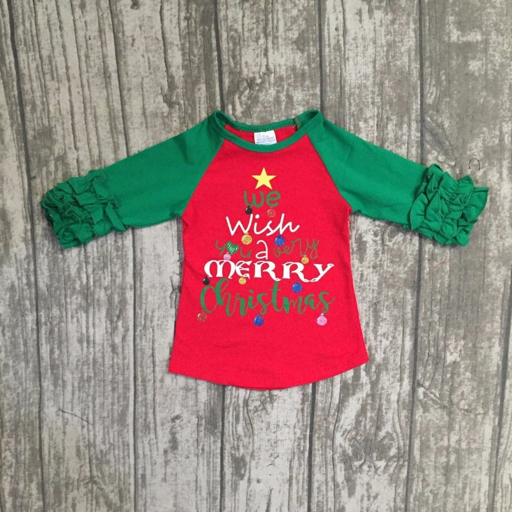 winter baby girls we wish you merry Christmas three quater icing cotton boutique top T-shirt reglans clothes ruffles chlidren