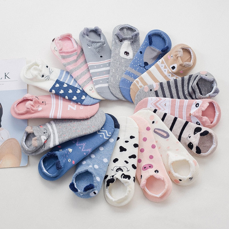 women cotton socks stereoscopic Cute Animal Female Kawaii Cat With Dog Summer Short Socks Women Casual Soft Funny Socks